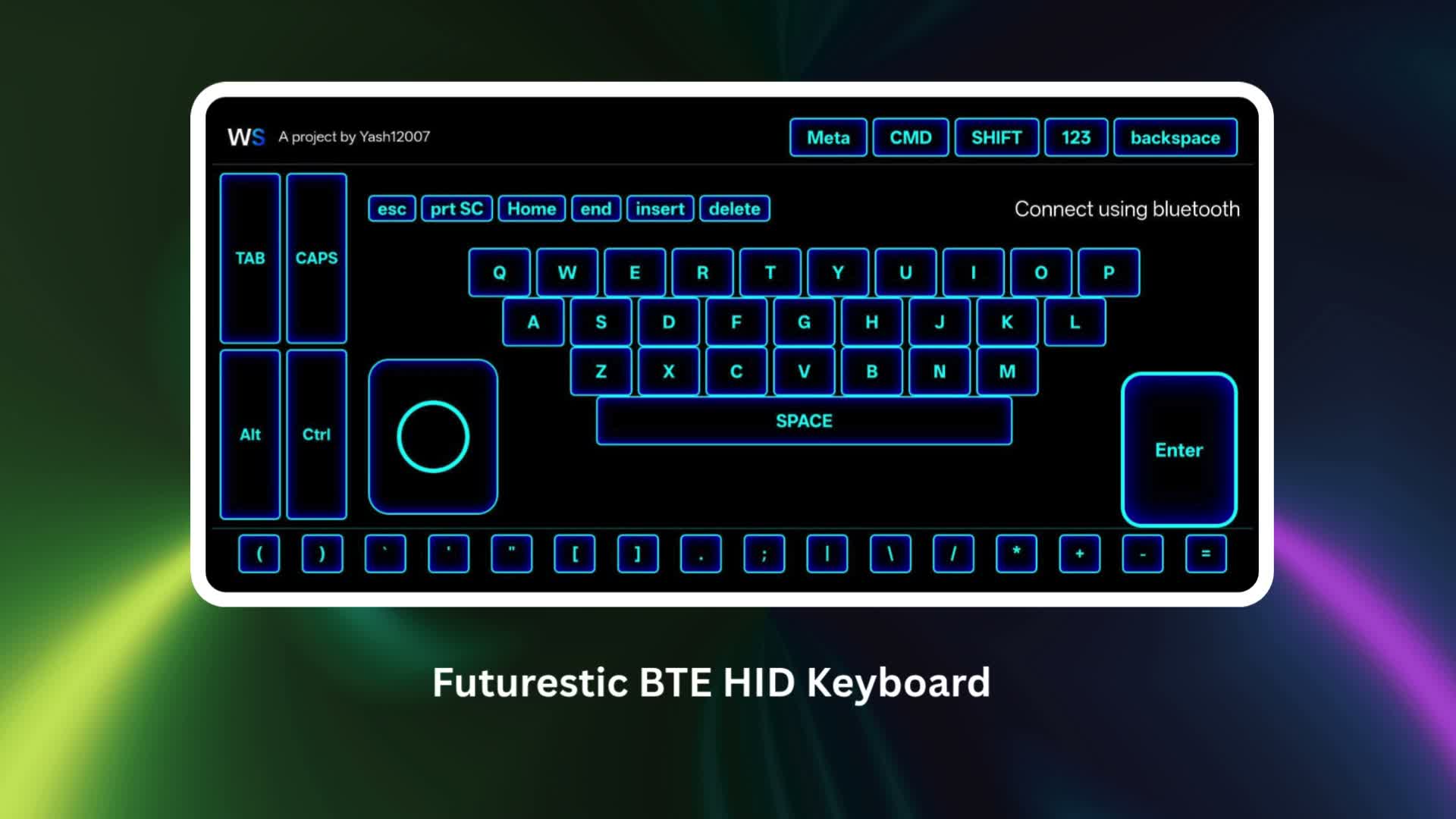 Futuristic interface of the BTE HID wireless keyboard emulator within Whirlsen 5 by Yash12007